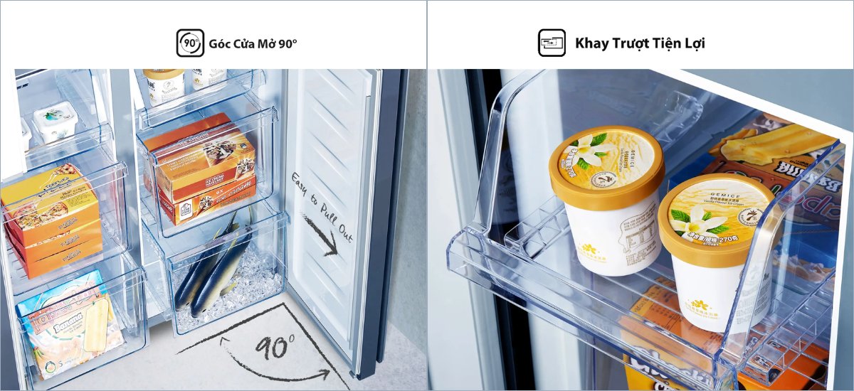 Góc cửa mở 90 độ và khay trượt tiện lợi