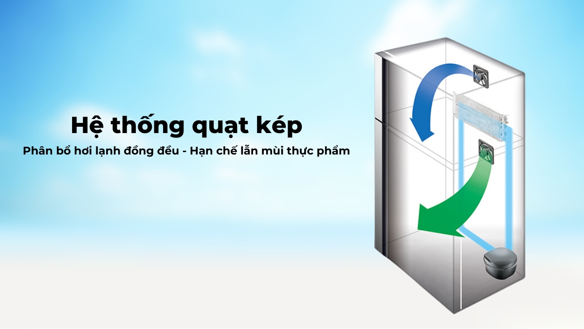 Hệ thống quạt kép mang hơi lạnh đều đến mọi vị trí và hạn chế tình trạng lẫn mùi thực phẩm