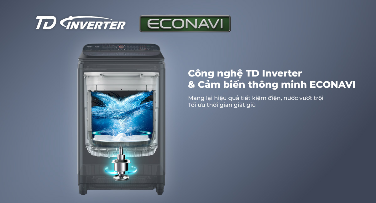 Công nghệ TD Inverter cùng cảm biến ECONAVI giúp tiết kiệm điện, nước hiệu quả